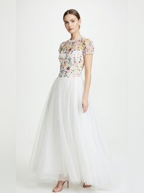 Floral Embroidered White Tulle Wedding Dress